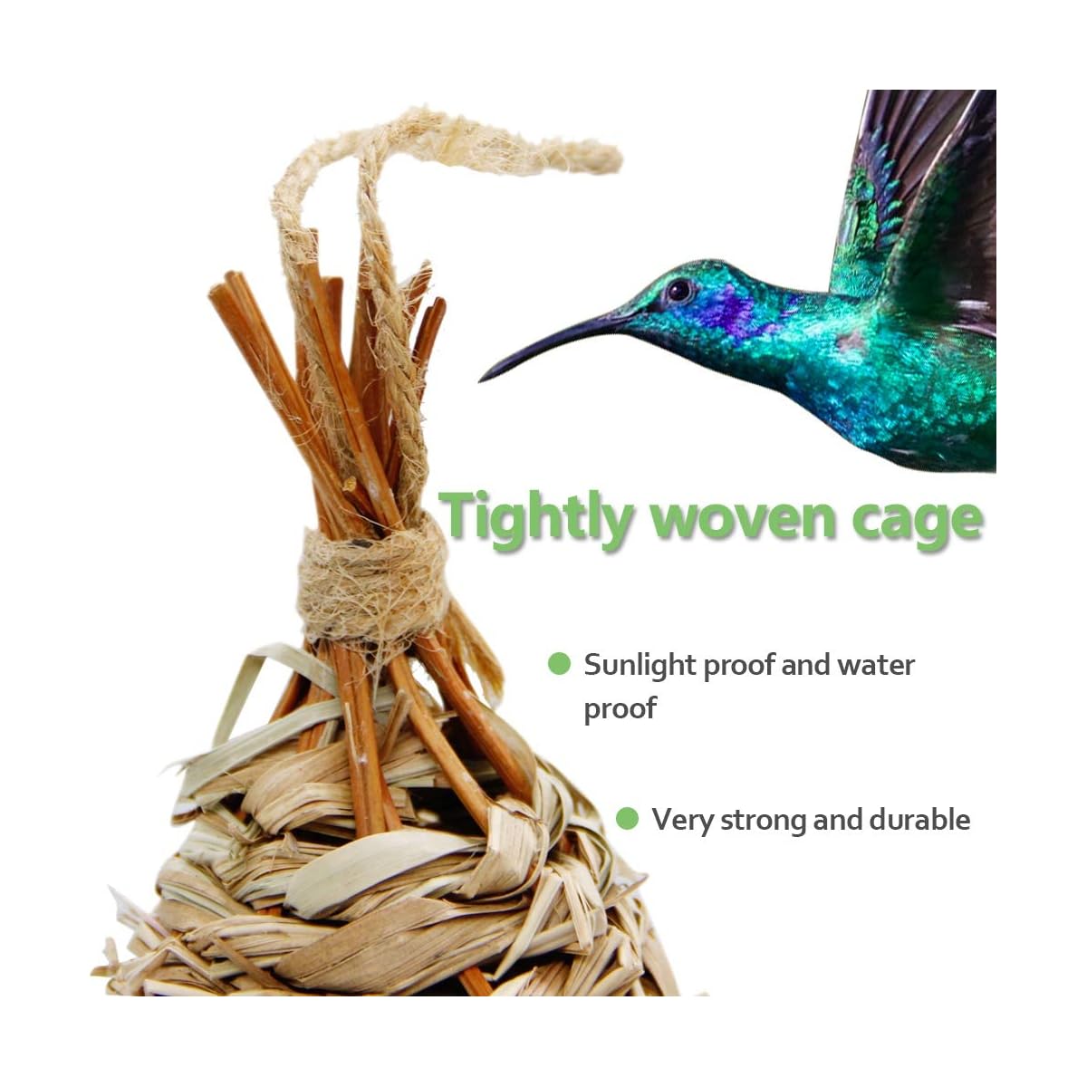 winemana Hand Woven Hummingbird House, Set of 3 Bird Hut 9" x 4", Outside Grass Hanging Bird Hut, Natural Hummingbird Nest for Outdoor. - detail image 4