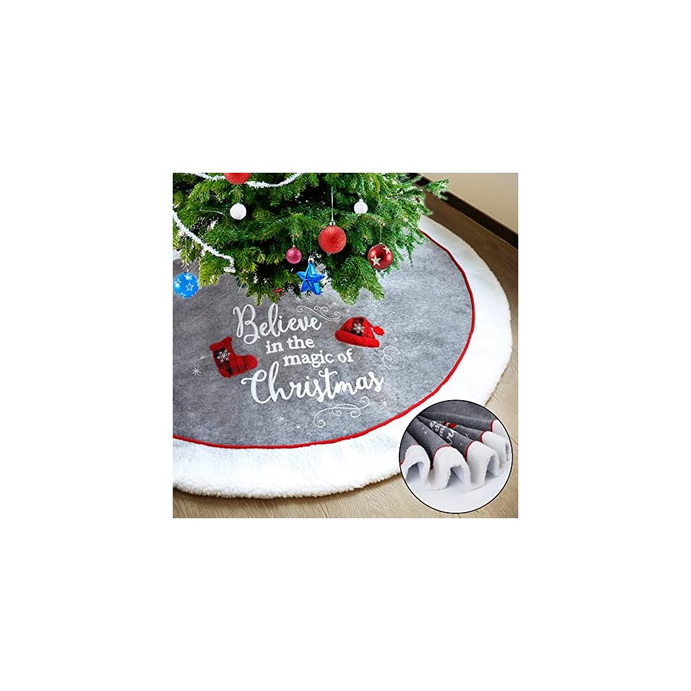 winemana 48 Inch Christmas Tree Skirt, Double Layer Grey and White Plush Soft Mat with Christmas Hat and Stocking, Christmas Decorations for Home Merry Christmas Party Ornaments