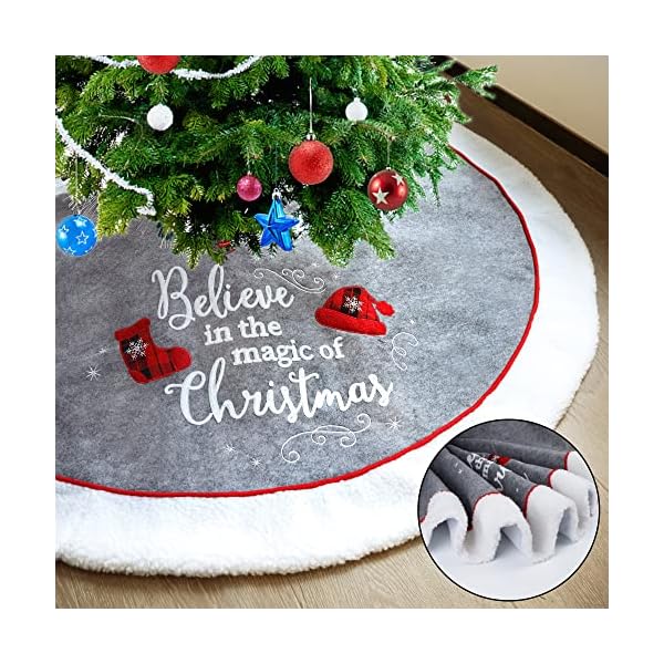 winemana 48 Inch Christmas Tree Skirt, Double Layer Grey and White Plush Soft Mat with Christmas Hat and Stocking, Christmas Decorations for Home Merry Christmas Party Ornaments