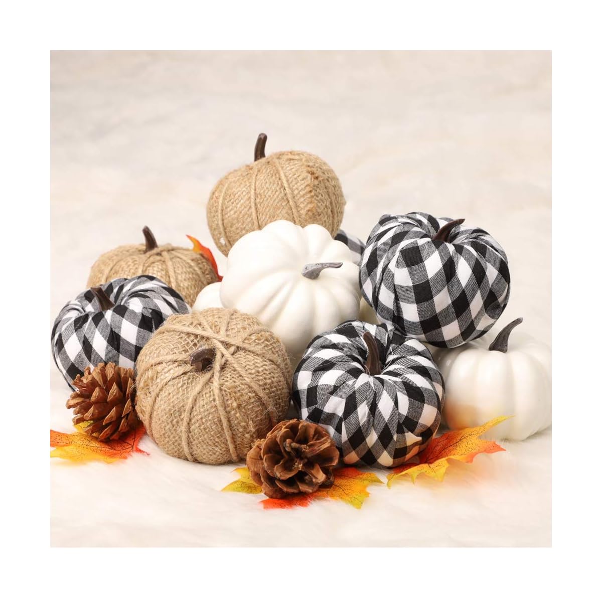 winemana 12 Pcs Thanksgiving Decorations Artificial Pumpkins, Mini White Pumpkins Burlap Lattice Pattern Pumpkins, Fall Decorations for Home Kitchen Table Indoor Outdoor Friendsgiving - 细节图 4