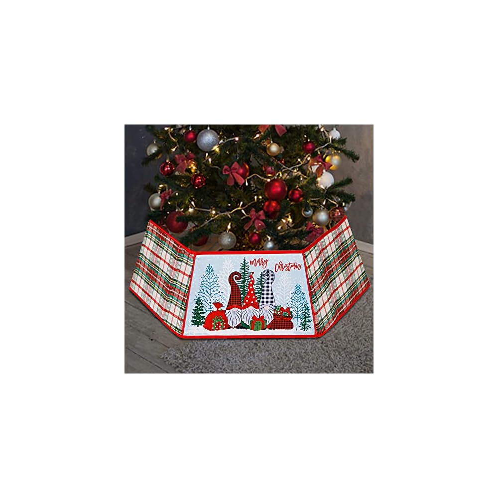 winemana Christmas Tree Collar, 31.5 Inch Buffalo Plaid Christmas Tree Skirt with Santa Claus Gnome Pattern, Merry Christmas Party Ornaments Holiday Home Decorations
