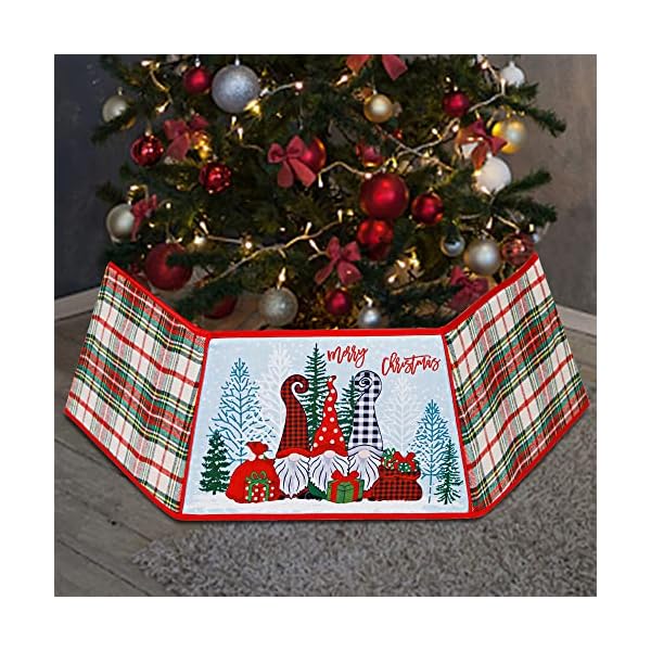 winemana Christmas Tree Collar, 31.5 Inch Buffalo Plaid Christmas Tree Skirt with Santa Claus Gnome Pattern, Merry Christmas Party Ornaments Holiday Home Decorations