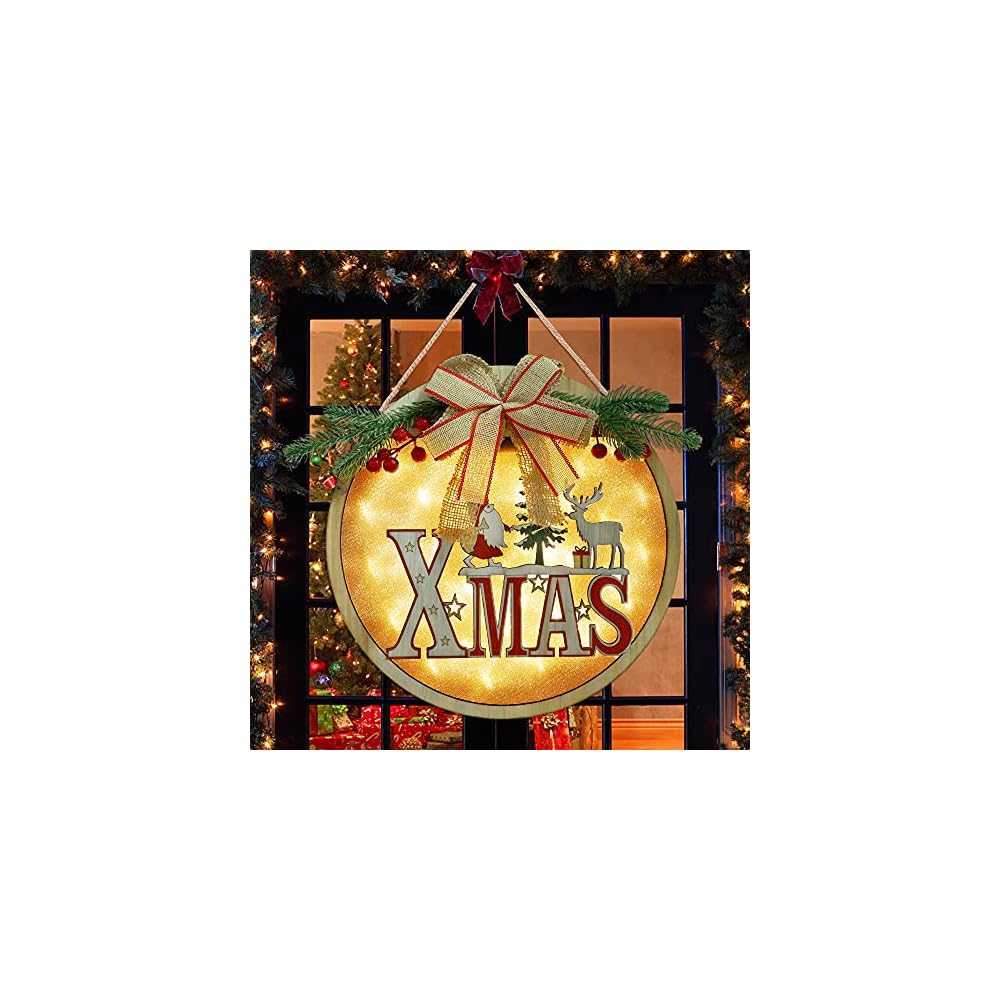 winemana Merry Christmas Hanging Sign, 12" x 12" Lighted Wooden Sign Wreath Xmas Decor, Christmas Decorations Rustic Sign for Front Door Wall Fireplace Indoor Outdoor