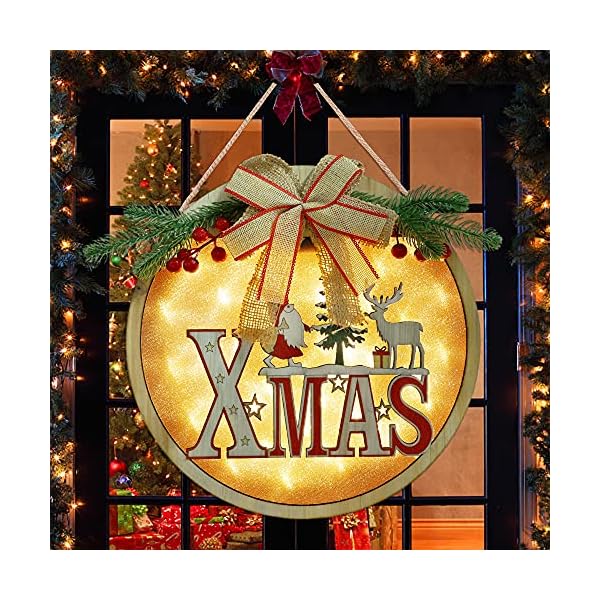 winemana Merry Christmas Hanging Sign, 12" x 12" Lighted Wooden Sign Wreath Xmas Decor, Christmas Decorations Rustic Sign for Front Door Wall Fireplace Indoor Outdoor