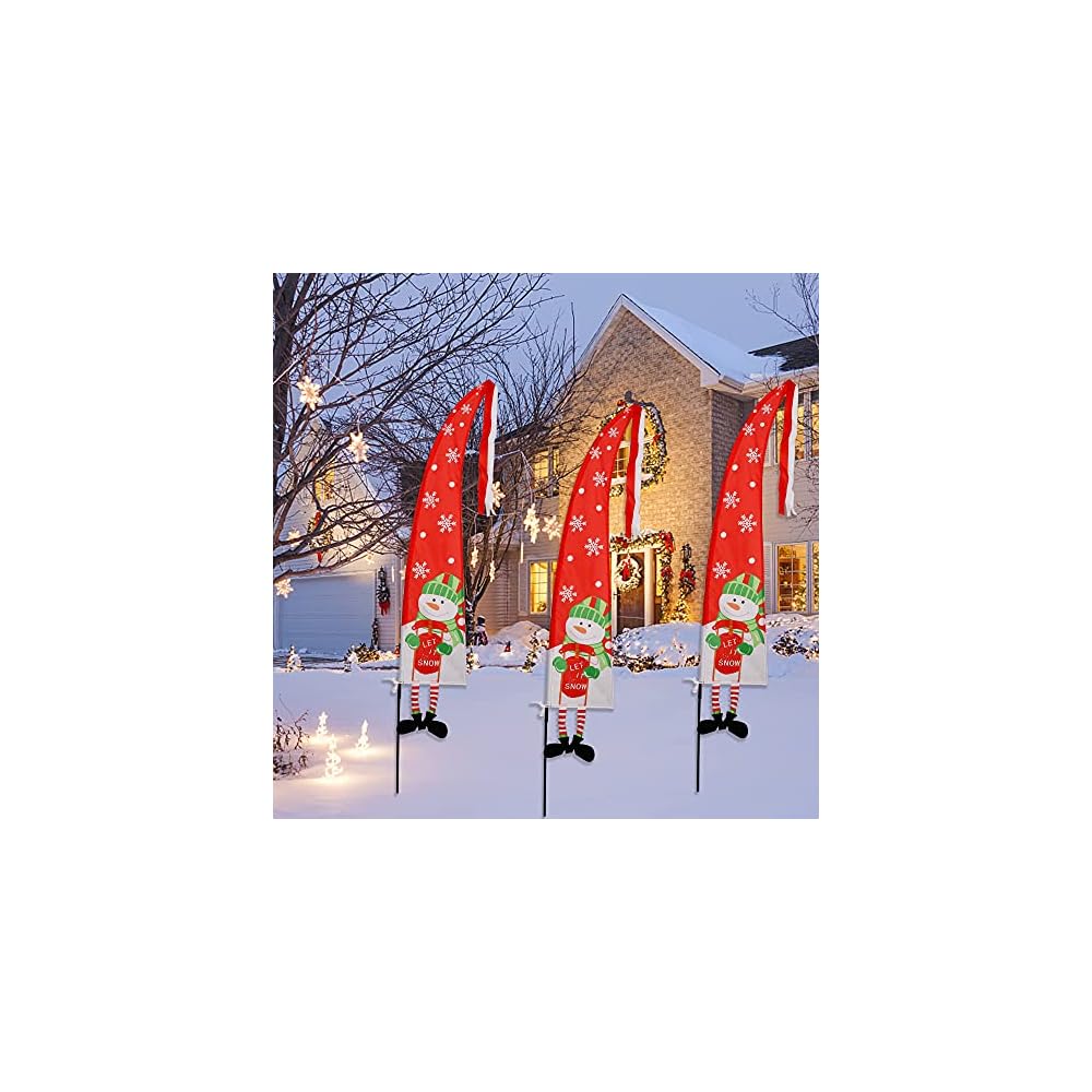 winemana Christmas Outdoor Decorations Set of 3 Snowman Feather Flag Banners, 5 Ft Merry Christmas Flags Yard Sign Stakes, Perfect for Garden Yard Lawn Front Porch Holiday Party