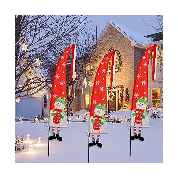 winemana Christmas Outdoor Decorations Set of 3 Snowman Feather Flag Banners, 5 Ft Merry Christmas Flags Yard Sign Stakes, Perfect for Garden Yard Lawn Front Porch Holiday Party