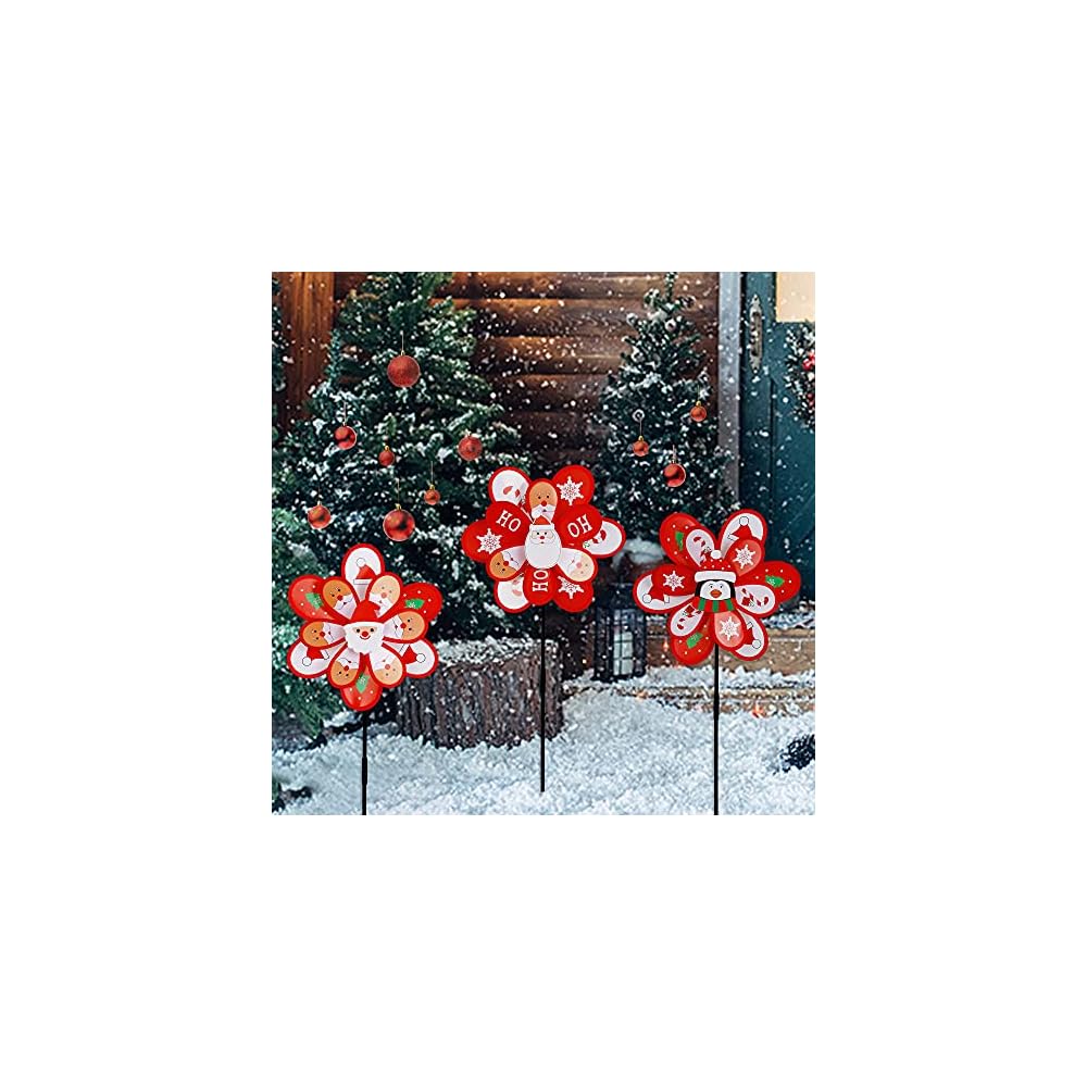 winemana Christmas Yard Decorations Pinwheels with Stakes, Set of 3 DIY Wind Spinner Windmill with Santa Claus Penguin Ornaments for Outdoor Garden Lawn Front Porch Winter Xmas Decor