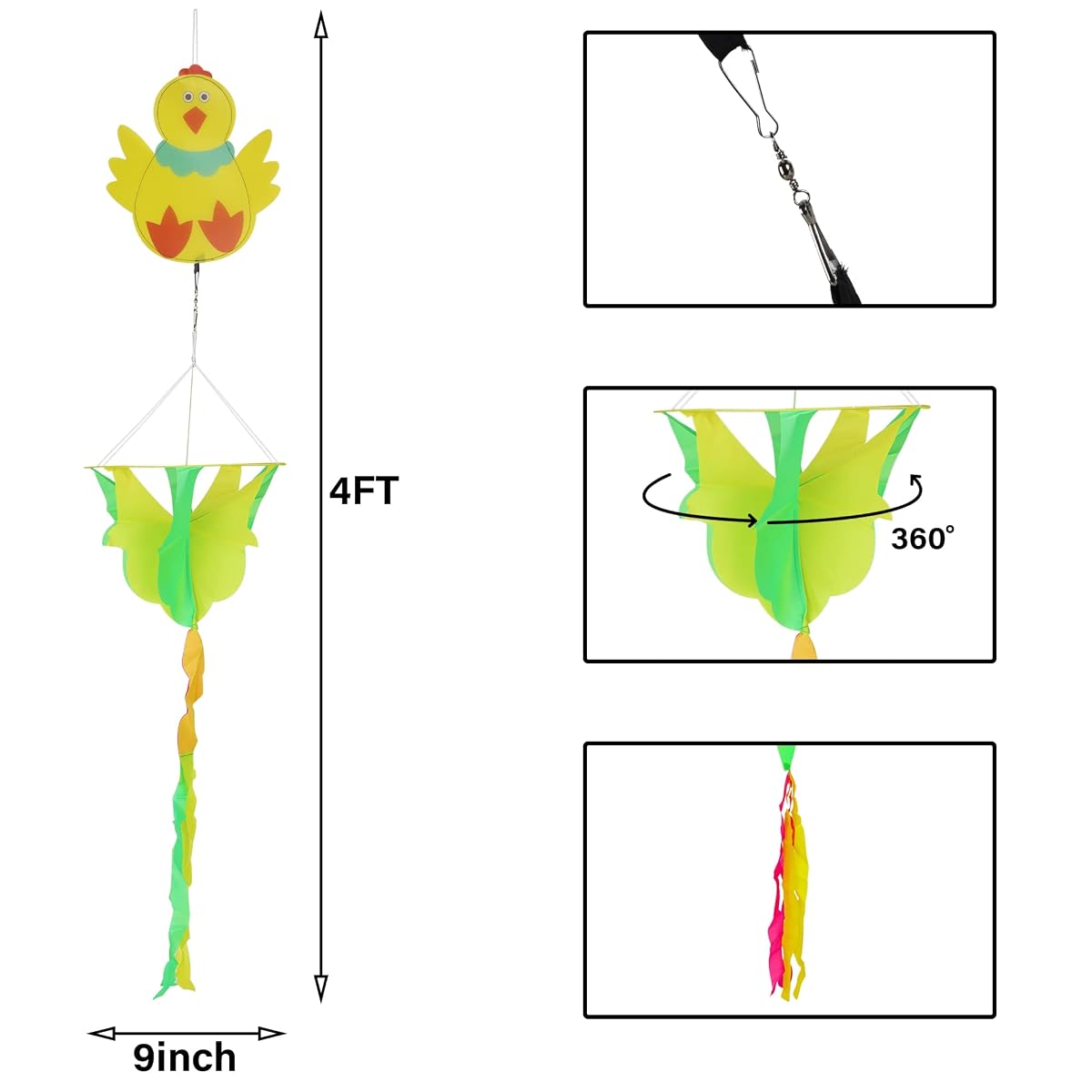 winemana 3.6 FT Spring Outdoor Decorations Wind Spinner, 6 Pcs Hanging Bunny Chick Wind Spiral, Windstock with Twister for Garden Yard Porch Lawn Spring Decor - imagen de detalle 2