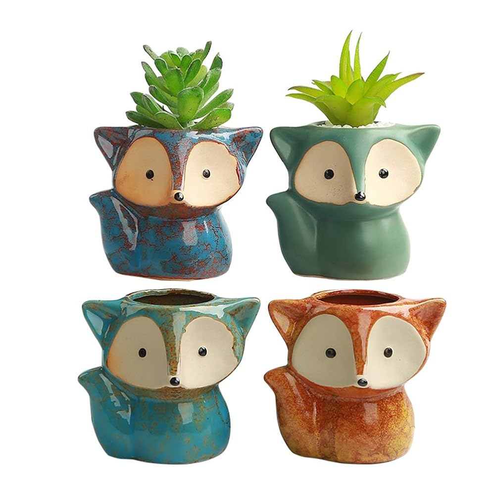 winemana Set of 4 Germination Trays Succulent Pots, Fox Shaped Flowerpot, Colorful Bonsai Planter Container