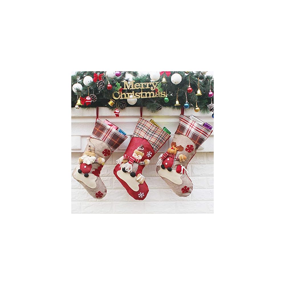winemana Christmas Stocking, 18 Inch 3D Santa Snowman Reindeer Xmas Images, Non-Woven Stockings Set, Christmas Decorations and Party Accessory, 3 Pack (Lattice Style)