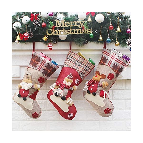 winemana Christmas Stocking, 18 Inch 3D Santa Snowman Reindeer Xmas Images, Non-Woven Stockings Set, Christmas Decorations and Party Accessory, 3 Pack (Lattice Style)