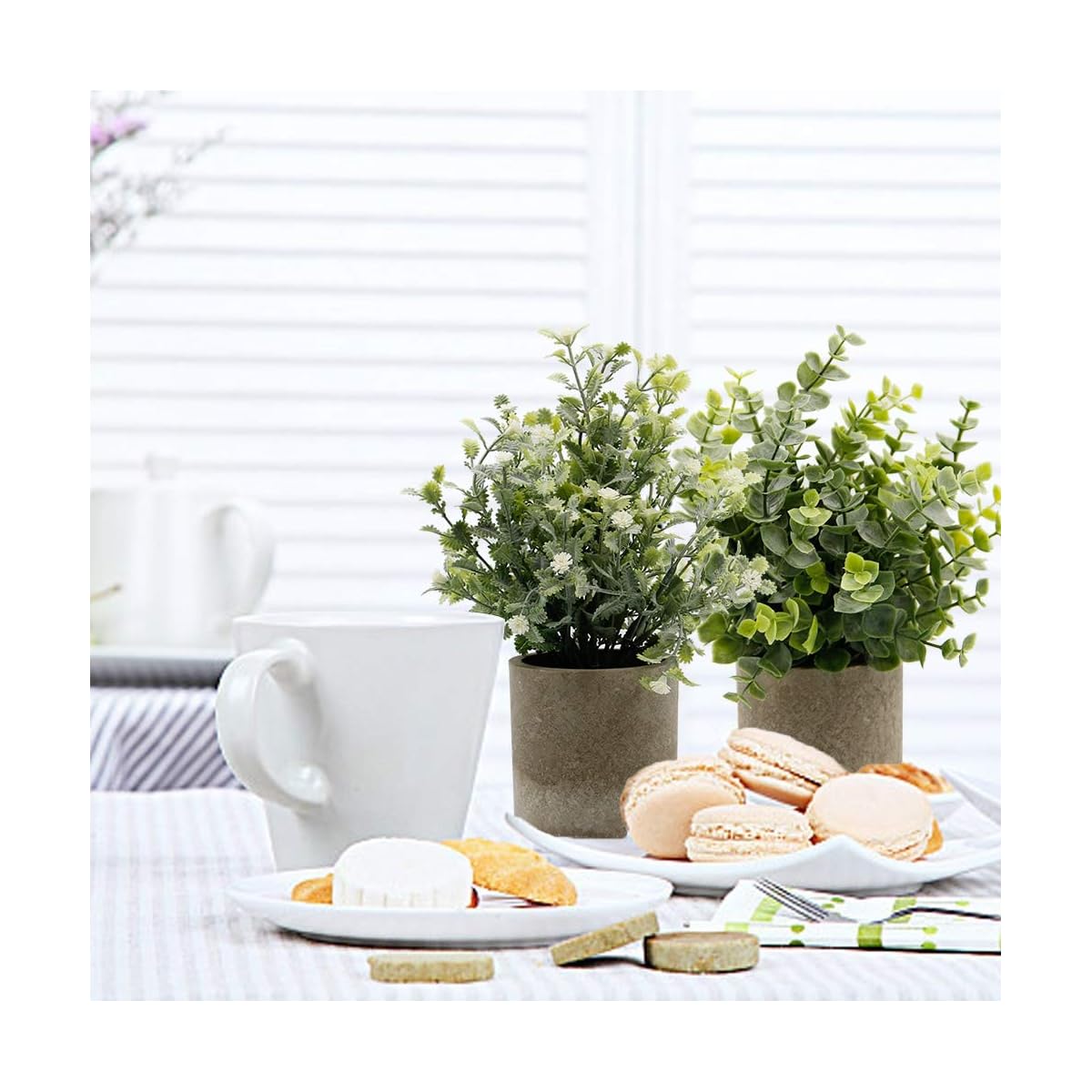 Zcaukya Small Potted Artificial Plants, Artificial Eucalyptus Plants Fake Rosemary 9.5" Plastic Greenery Plants for Home Office Garden Decor, Indoor & Outdoor, Set of 3 (White) - 细节图 4