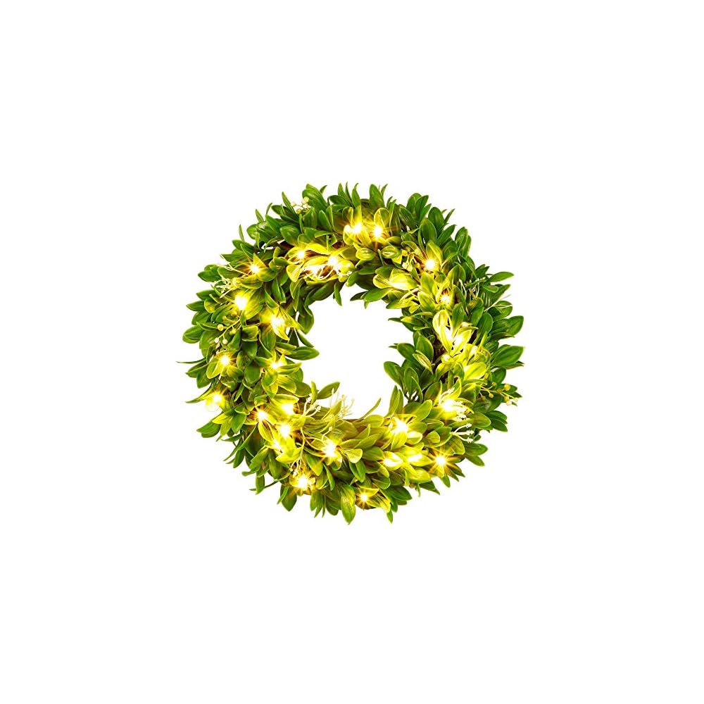 winemana 15" Spring Door Wreath, 30 LED Artificial Wreath for Front Door, Eucalyptus Wreaths Spring Decorations for Home Window Outdoor Decor (15")