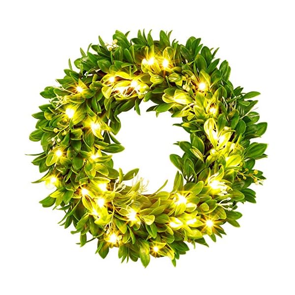 winemana 15" Spring Door Wreath, 30 LED Artificial Wreath for Front Door, Eucalyptus Wreaths Spring Decorations for Home Window Outdoor Decor (15")