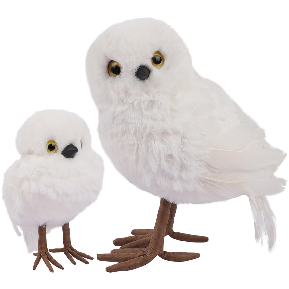 winemana Winter Decorations White Owl Figurine, Set of 2 Christmas Furry Owls Ornaments, Holiday Decor Table Decorations for Home Party