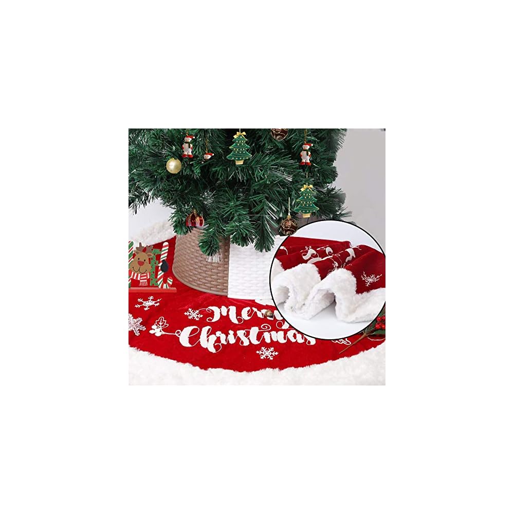 DR.DUDU 48 Inch Christmas Tree Plush Skirt Decoration for Merry Christmas Party Faux Fur Christmas Tree Skirt Decorations (Red 2)