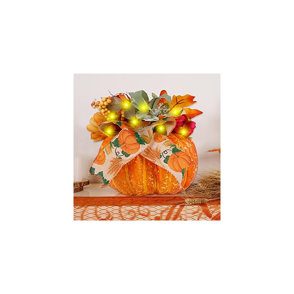 winemana Thanksgiving Pumpkin Decorations with 50 LED Lights and Artificial Flower Ribbon for Autumn Fall Harvest Décor Home Table Kitchen Indoor