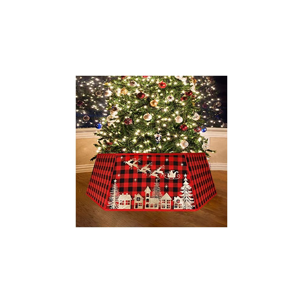 winemana Christmas Tree Collar, 31.5 Inch Red Black Buffalo Plaid Christmas Tree Skirt with Glod Reindeer Santa Claus, Christmas Decorations for Home Kitchen Holiday Party Decor