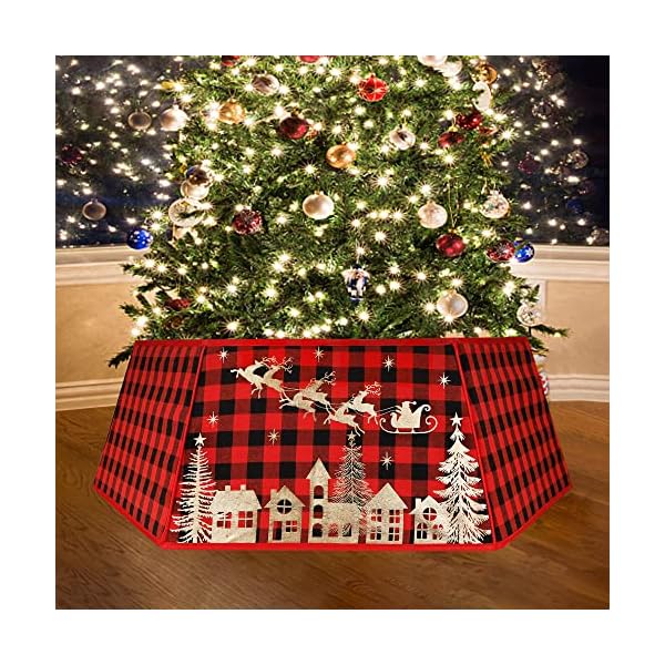 winemana Christmas Tree Collar, 31.5 Inch Red Black Buffalo Plaid Christmas Tree Skirt with Glod Reindeer Santa Claus, Christmas Decorations for Home Kitchen Holiday Party Decor