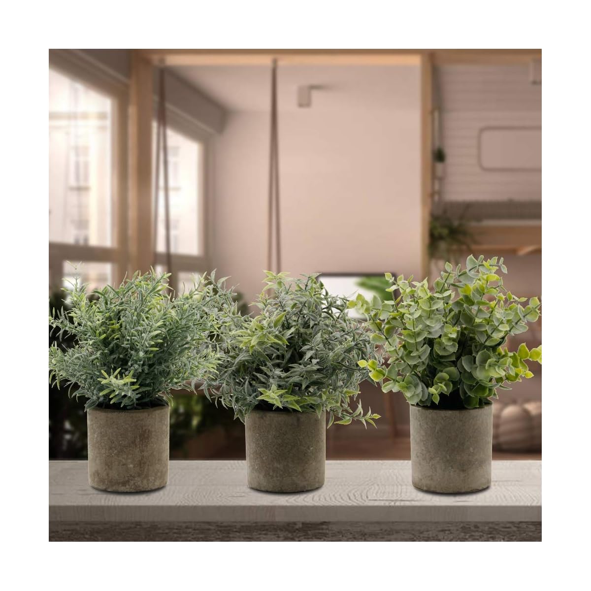 Zcaukya Small Potted Artificial Plants, Artificial Eucalyptus Plants Fake Rosemary Carnation Caronation 9.5" Plastic Greenery Plants for Home Office Garden Decor, Indoor & Outdoor, Set of 3 - detail image 4