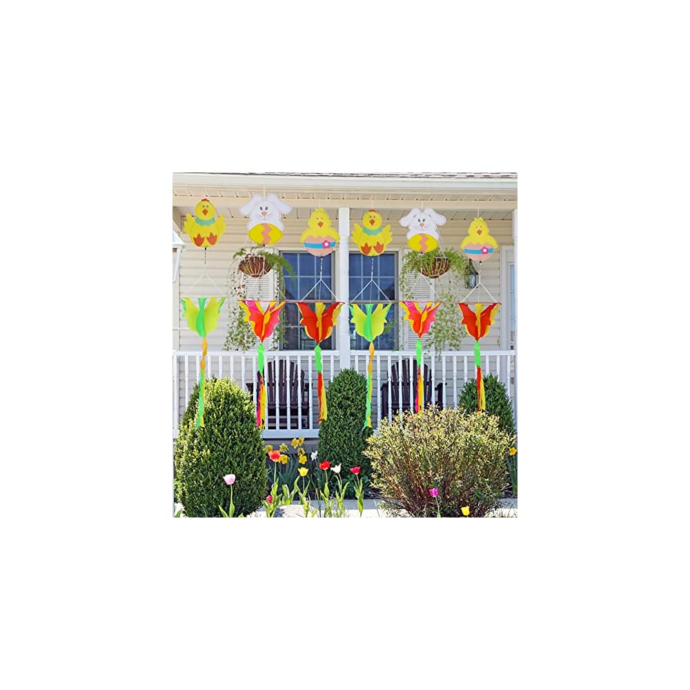 winemana 3.6 FT Spring Outdoor Decorations Wind Spinner, 6 Pcs Hanging Bunny Chick Wind Spiral, Windstock with Twister for Garden Yard Porch Lawn Spring Decor
