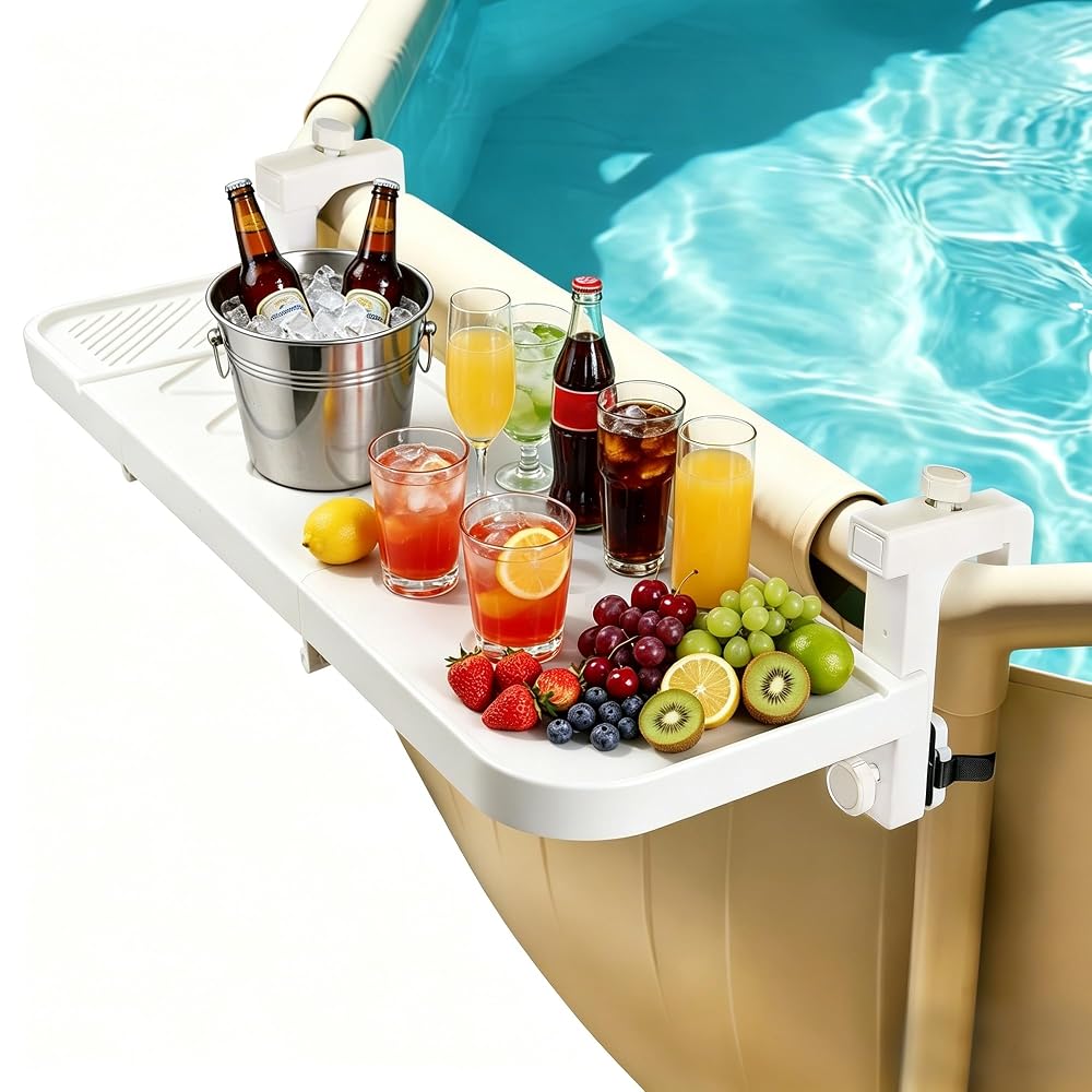 winemana Pool Bar for Above Ground Pool Swim Up Bar 38.4" x12" Adjustable Poolside Table Foldable Swimming Pool Shelf Fits Round Oval Rectangle Pools Clip-On Drink Table for Deck Patio, White