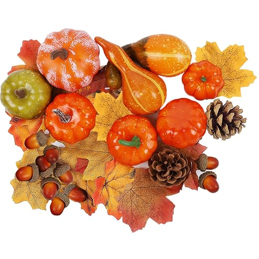 winemana Fall Decorations for Home Mini Pumpkins Gourds & Leaves Set