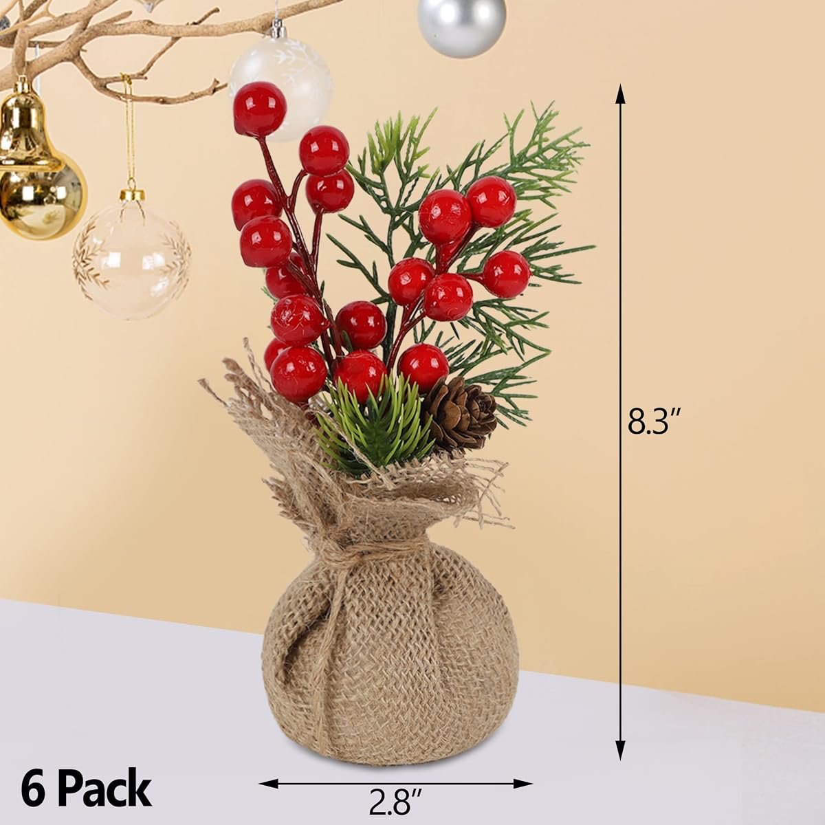 winemana 6 Pcs Mini Christmas Tree Table Decorations, 8" Small Artificial Trees with Red Berries Pine Cone Greenery Tabletop Centerpiece for Home Office Room Holiday Decorations - imagem de detalhe 2