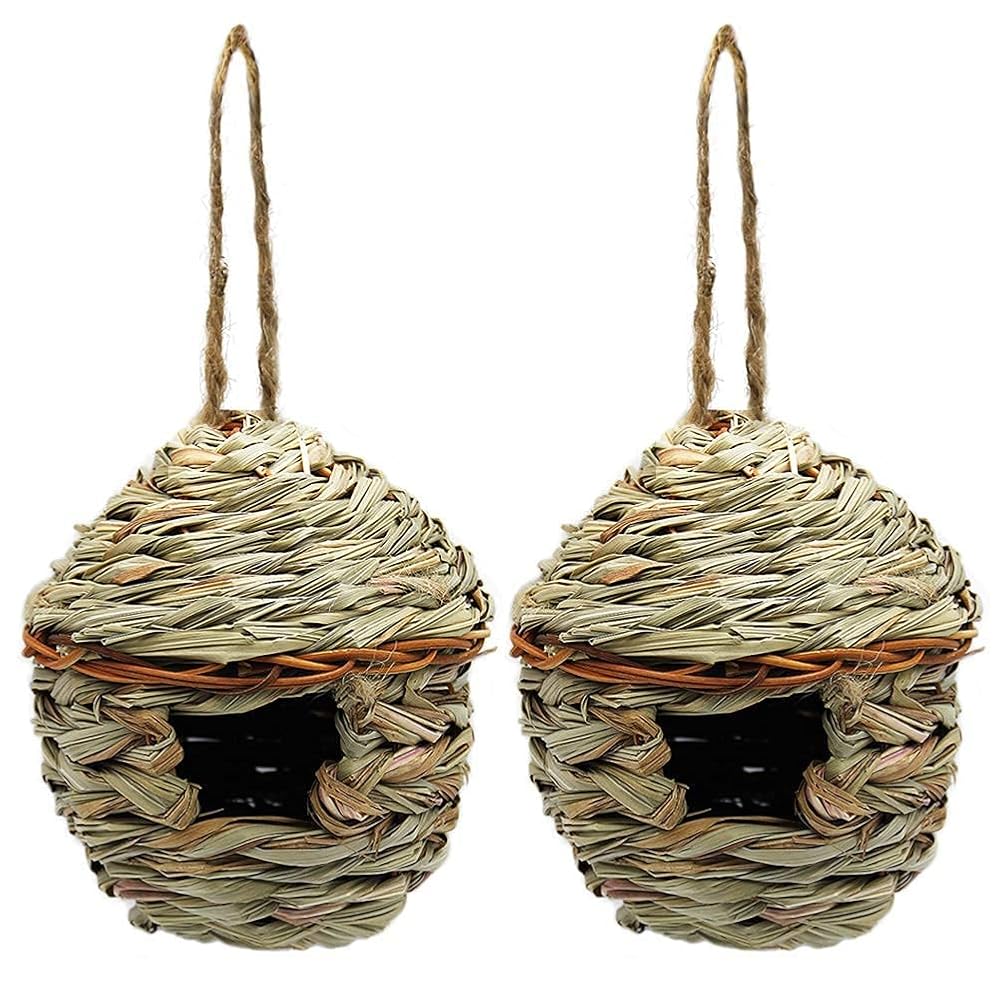 winemana Grass Hand Woven Birdhouse, Outside Grass Hanging Bird Hut, Natural Hummingbird Nest for Outdoor, 2 Pack (Reed)