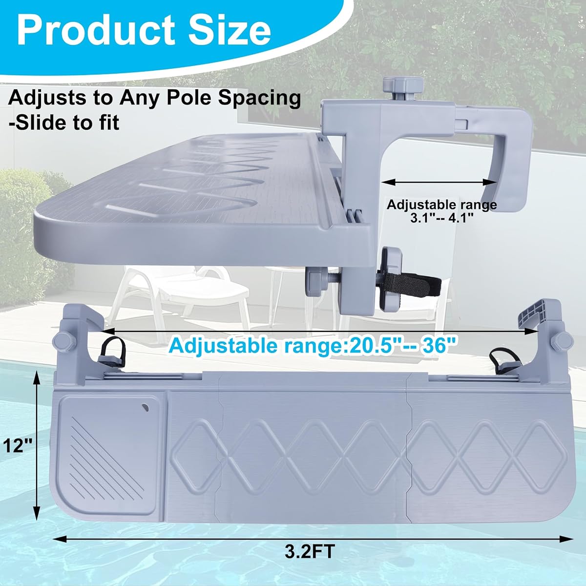 winemana Pool Bar for Above Ground Pool Swim Up Bar 38.4" x12" Adjustable Poolside Table Foldable Swimming Pool Shelf Fits Round Oval Rectangle Pools Clip-On Drink Table for Deck Patio, Grey - imagem de detalhe 2