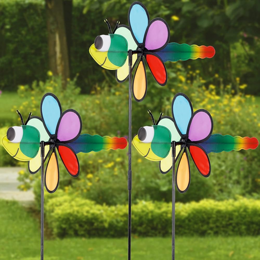 winemana 3 Pcs Garden Decor Wind Spinner, 35 Inch 3D Dragonfly Pinwheels Windmill with Garden Stakes, Outdoor Pinwheel for Yard Garden Lawn Spring Party Decorations