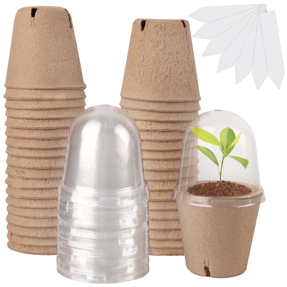 winemana 36 Set Plant Nursery Pots with Humidity Dome, Seed Starter Biodegradable Peat Pots, Seedlings Planting Pots with Labels for Indoor Outdoor Garden