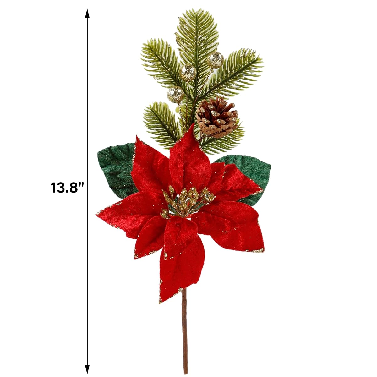 winemana 6 Pack 13.8'' Christmas Elegant Faux Evergreen Sprigs + Gold Globe & Red Flower Ornaments + Pine Cone + Green Poinsettia Leaf + Flowers in Clever Pine Cone Shape - 细节图 1
