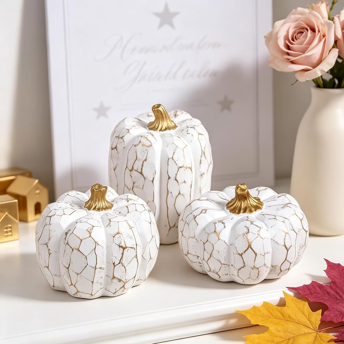 winemana Set of 3 White Pumpkins Fall Decorations for Home - imagen de detalle 3