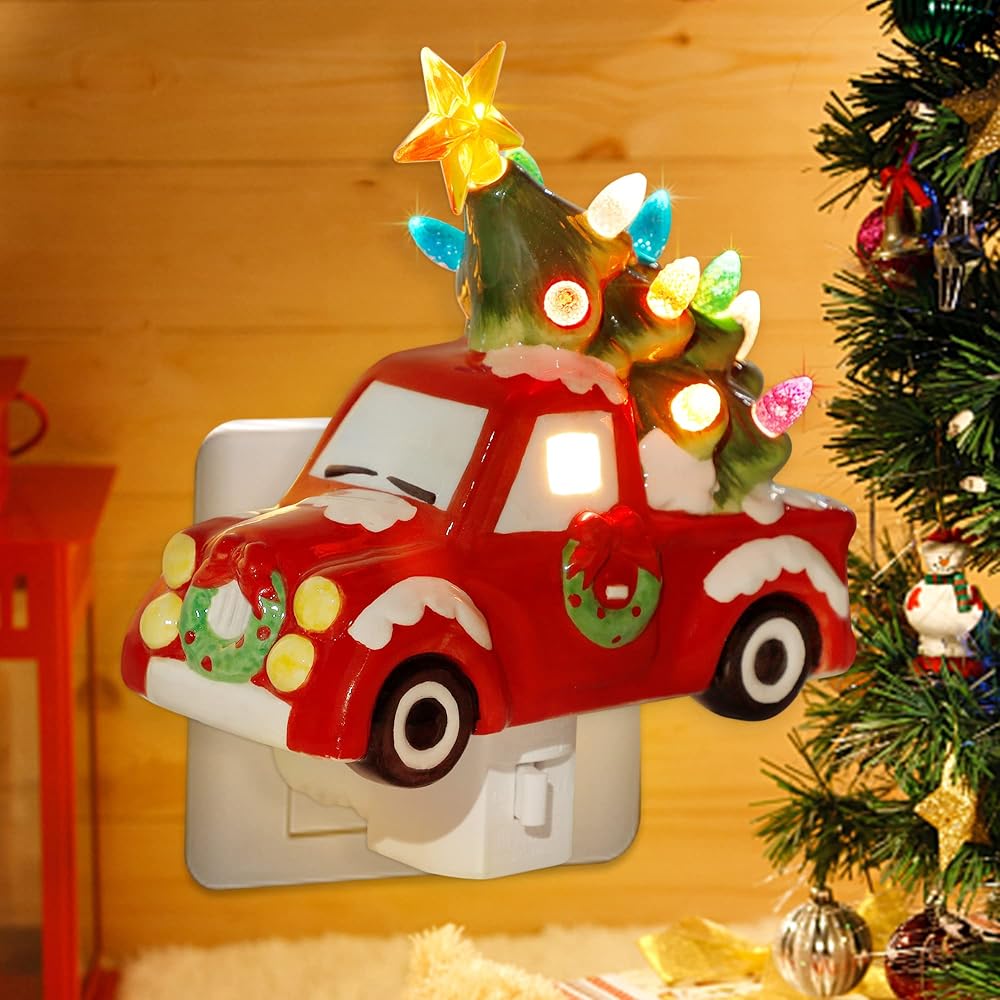 DR.DUDU Christmas Ceramic Night Light Red Truck with Christmas Tree, Decorative Xmas Nightlights with Multicolor Lights, Perfect for Home Bedroom Hallway Holiday Decor