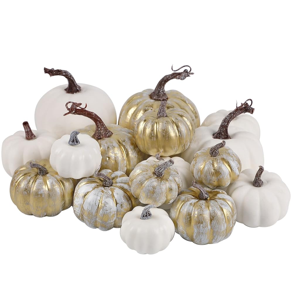 winemana 16 Pcs Golden and White Pumpkins Fall Decorations for Home