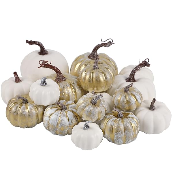winemana 16 Pcs Golden and White Pumpkins Fall Decorations for Home