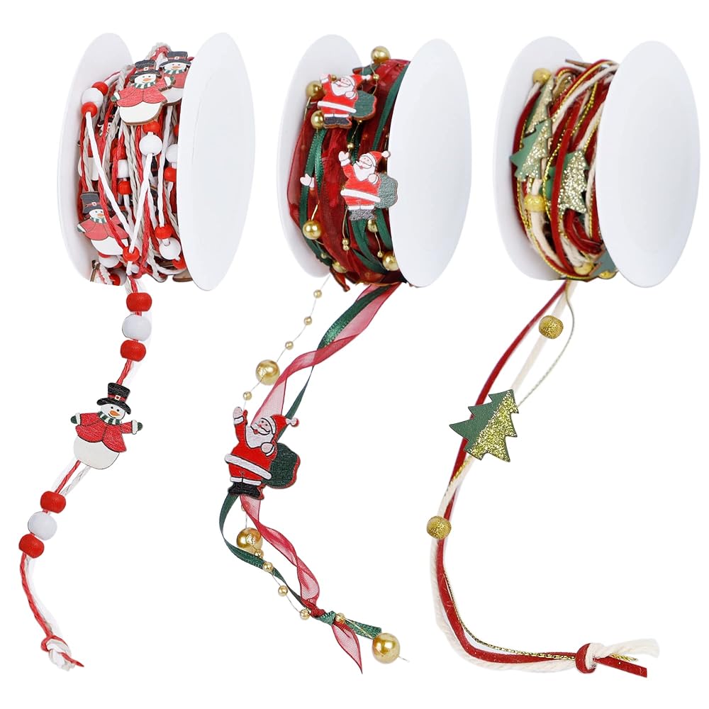 winemana 3 Pack 16.4 Ft Christmas Beads Ribbon, Christmas Tree Trim Rope with Santa Claus Snowman, Xmas Decorations for Garland, Wreath, Gift Wrapping, DIY Crafts Ornaments, Wedding Party Decor