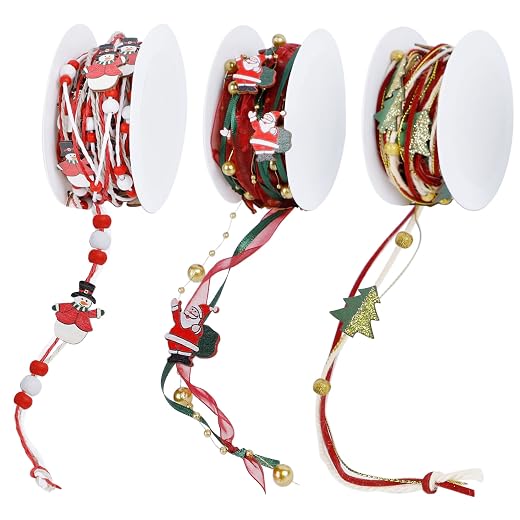 winemana 3 Pack 16.4 Ft Christmas Beads Ribbon, Christmas Tree Trim Rope with Santa Claus Snowman, Xmas Decorations for Garland, Wreath, Gift Wrapping, DIY Crafts Ornaments, Wedding Party Decor