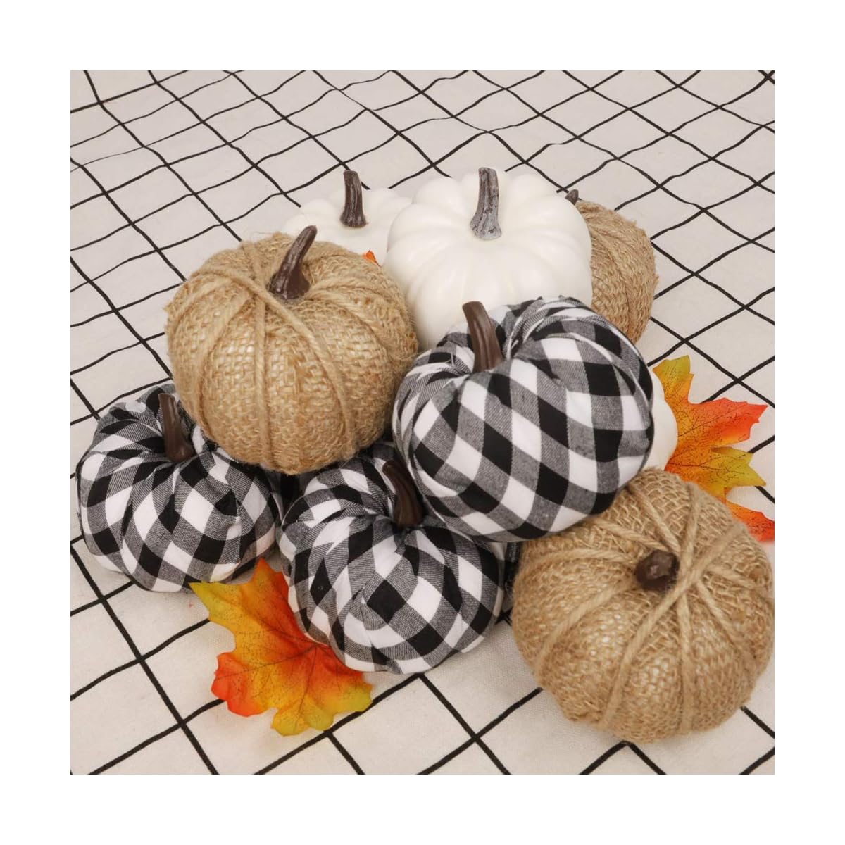 winemana 12 Pcs Thanksgiving Decorations Artificial Pumpkins, Mini White Pumpkins Burlap Lattice Pattern Pumpkins, Fall Decorations for Home Kitchen Table Indoor Outdoor Friendsgiving - 细节图 6