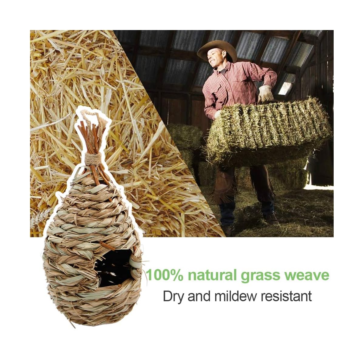 winemana Hand Woven Hummingbird House, Set of 3 Bird Hut 9" x 4", Outside Grass Hanging Bird Hut, Natural Hummingbird Nest for Outdoor. - detail image 2