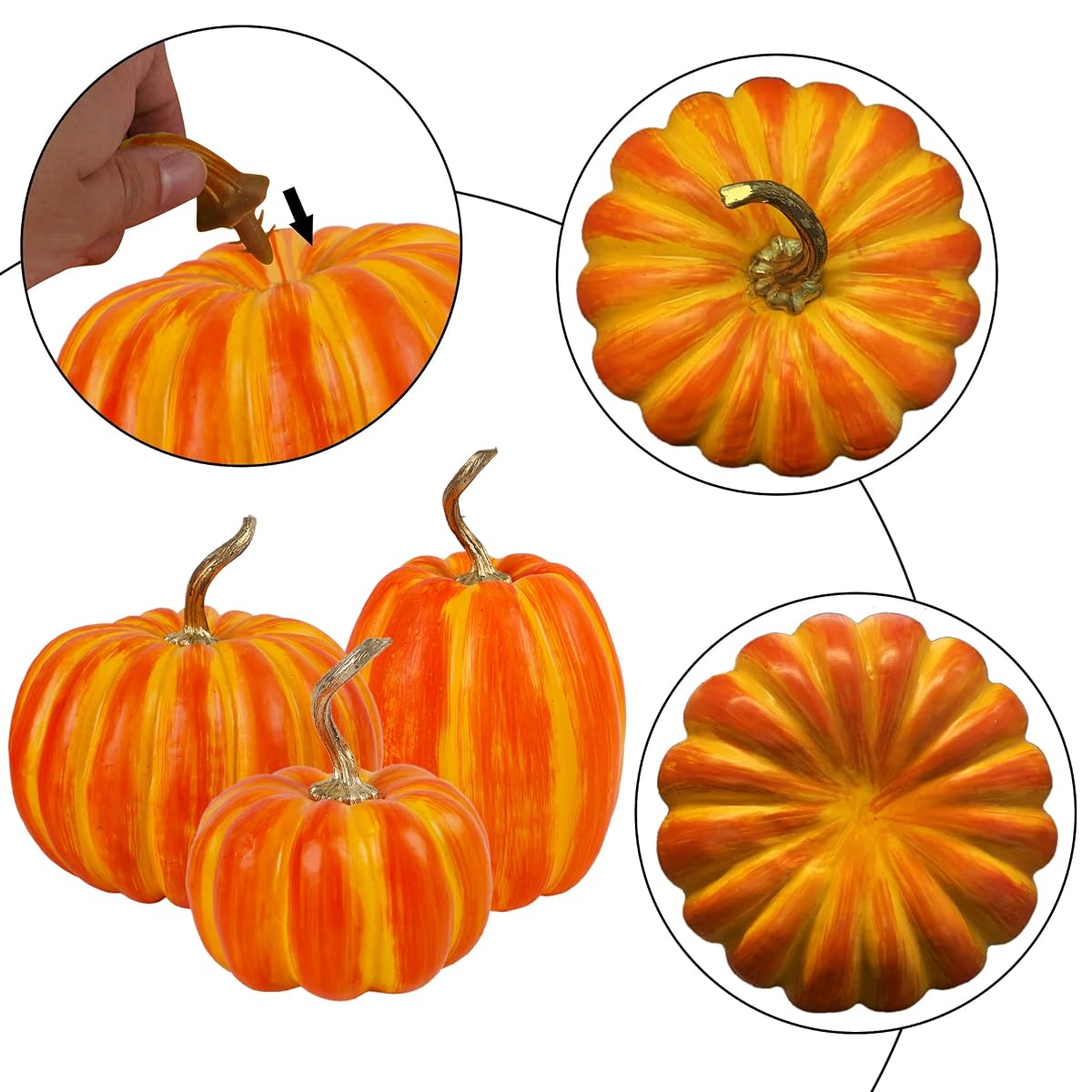 winemana 3 Pcs Thanksgiving Decorations Large Artificial Pumpkins, Orange Rustic Tabletop Centerpieces, Friendsgiving Decorations for Home Kitchen Table Fall Harvest Season - imagem de detalhe 3