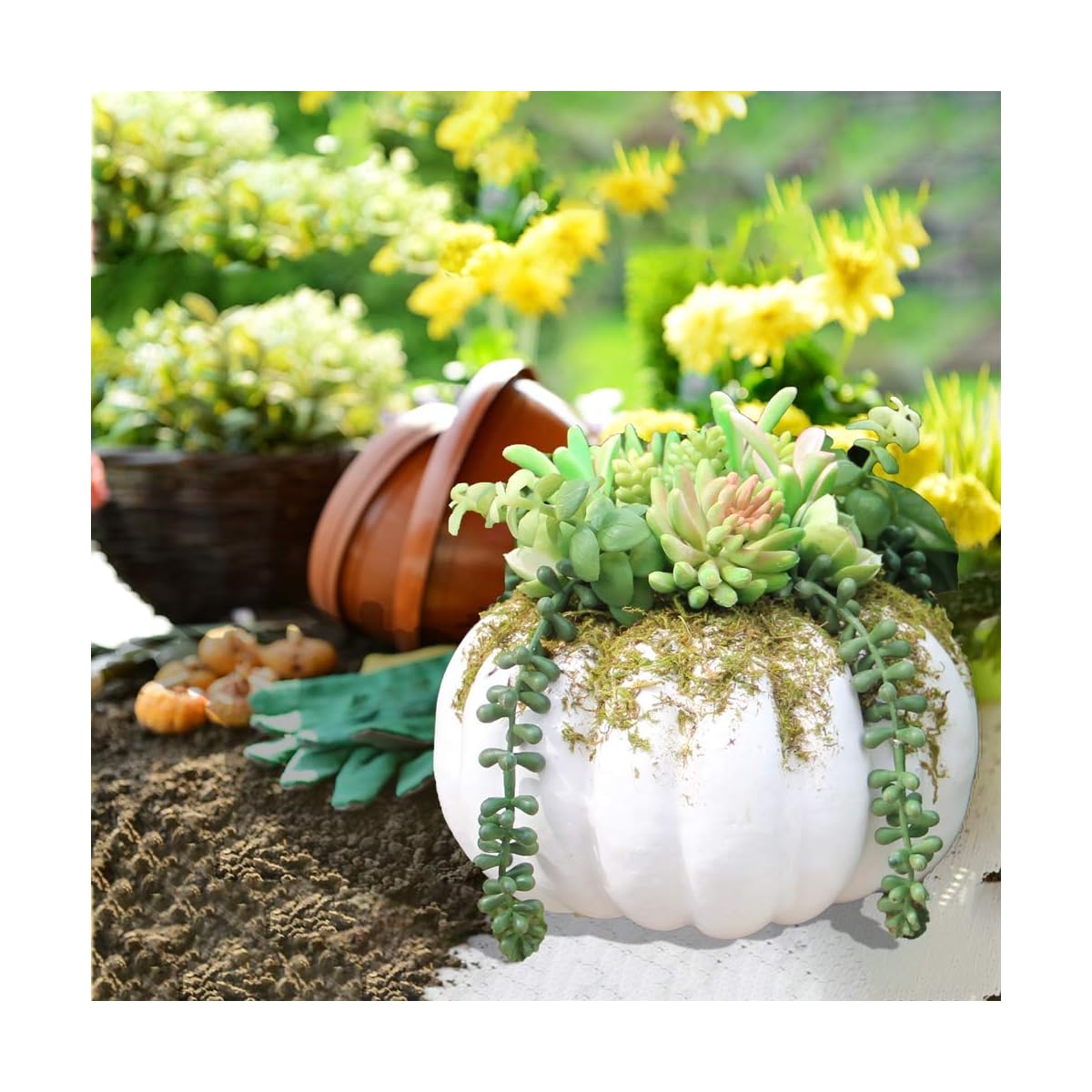 winemana Thanksgiving Decorations Pumpkin with Artificial Succulents, 8.8" x 8.2" White Foam Pumpkin and Plastic Succulents Fall Autumn Decor for Office Bedroom Kitchen Thanksgiving Party Harvest Day - 细节图 3