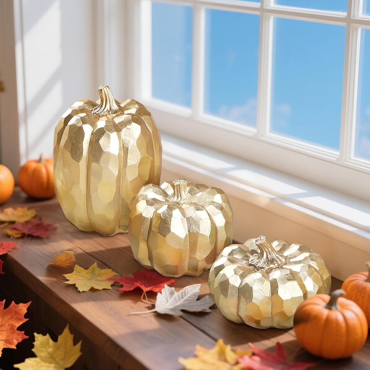winemana 3 Pack Gold Pumpkins Fall Decorations for Home - 细节图 5