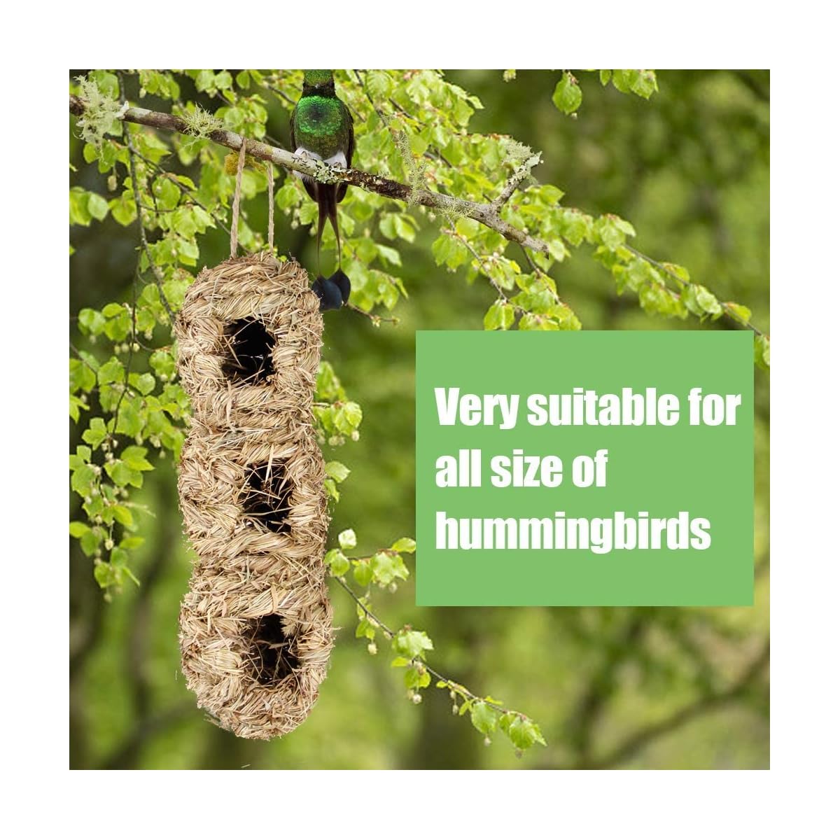 winemana Hand Woven Hummingbird House, Set of 2 Bird Hut 12" x 4", Outside Grass Hanging Bird Hut, Hanging Hummingbird Houses with 3 Holes - imagem de detalhe 5