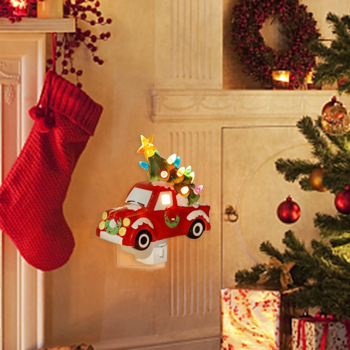 DR.DUDU Christmas Ceramic Night Light Red Truck with Christmas Tree, Decorative Xmas Nightlights with Multicolor Lights, Perfect for Home Bedroom Hallway Holiday Decor - 细节图 5
