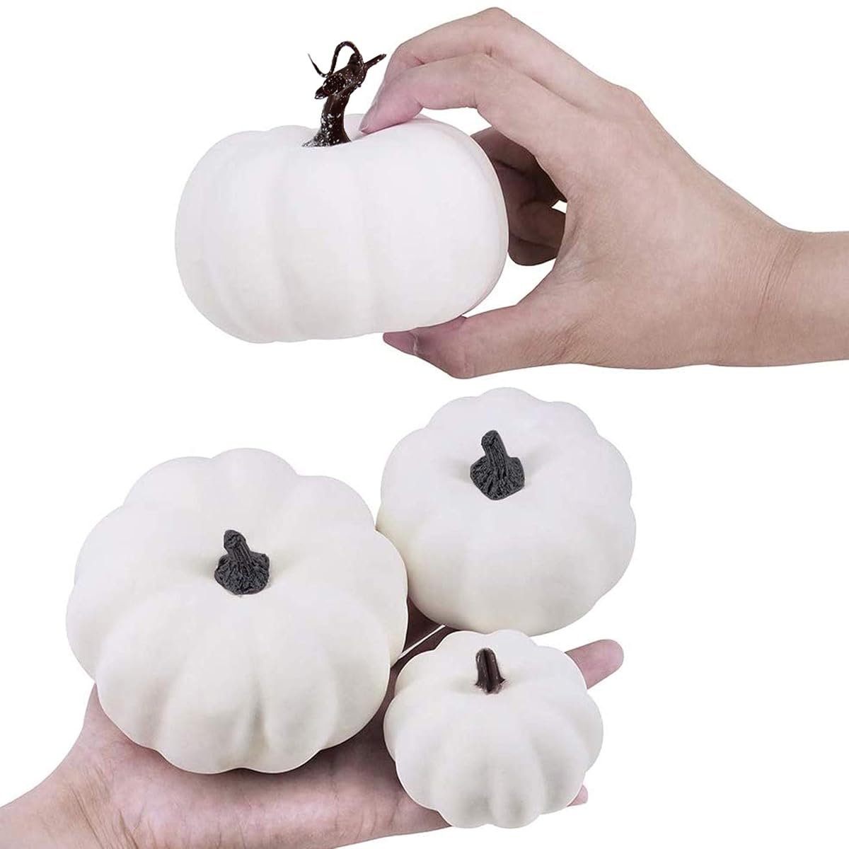 winemana 12 Pcs Thanksgiving Table Decorations Artificial Pumpkin, 6 Sizes Plastic Pumpkins Fall Friendsgiving Decoration for Fireplace Kitchen Party Harvest Day (White) - detail image 2