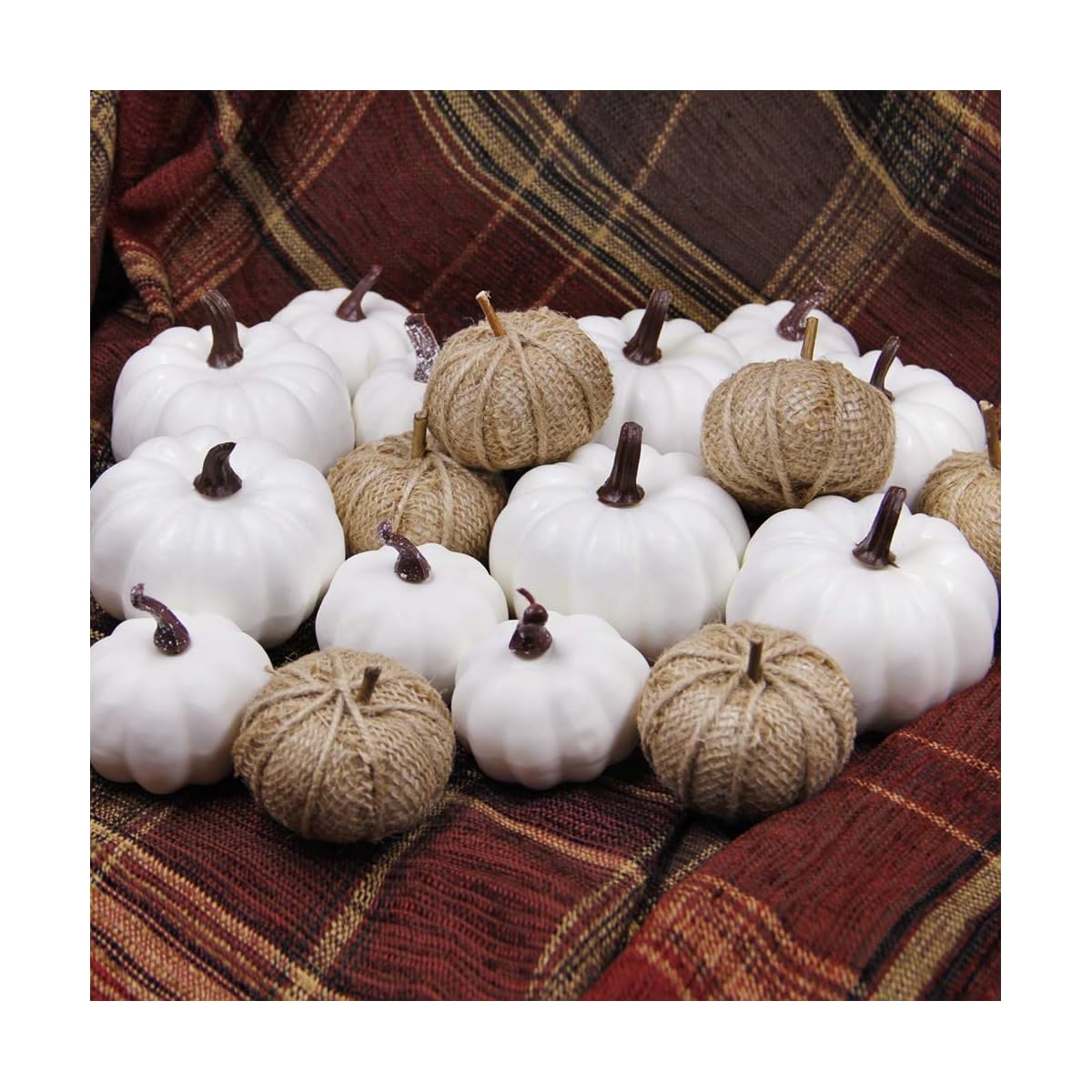 winemana 18 Pcs Thanksgiving Decorations Artificial Pumpkins, Set of 12 Foam Pumpkins and 6 Linen Pumpkins, 3 Measurements Fall Autumn Decor for Fireplace Kitchen Thanksgiving Party Harvest Day - detail image 4