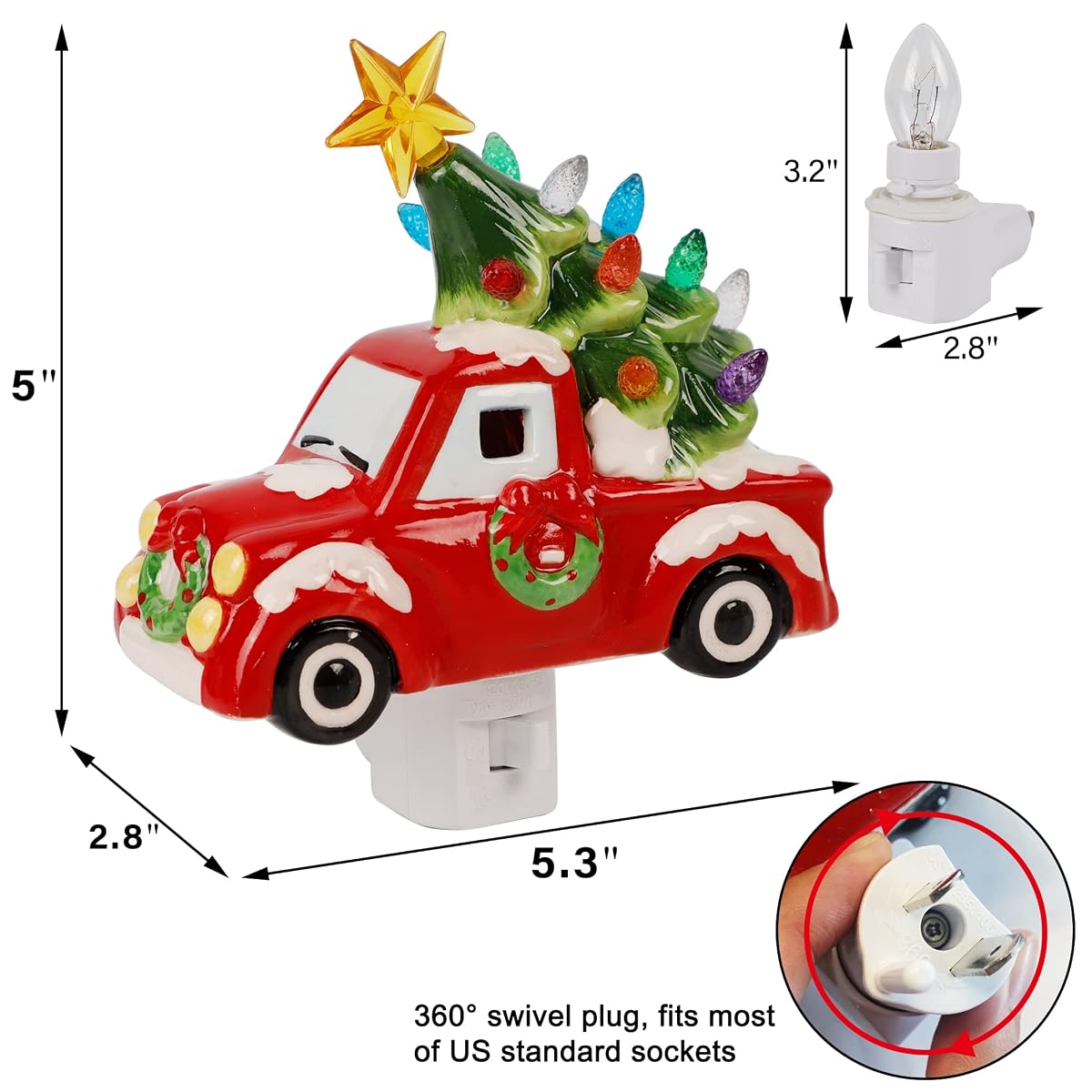 DR.DUDU Christmas Ceramic Night Light Red Truck with Christmas Tree, Decorative Xmas Nightlights with Multicolor Lights, Perfect for Home Bedroom Hallway Holiday Decor - 细节图 2