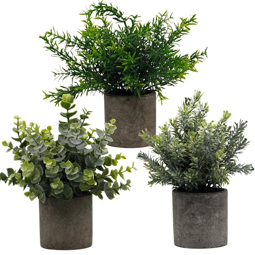 Zcaukya Small Potted Artificial Plants, Artificial Eucalyptus Plants Fake Rosemary 9.5" Plastic Greenery Plants for Home Office Garden Decor, Indoor & Outdoor, Set of 3